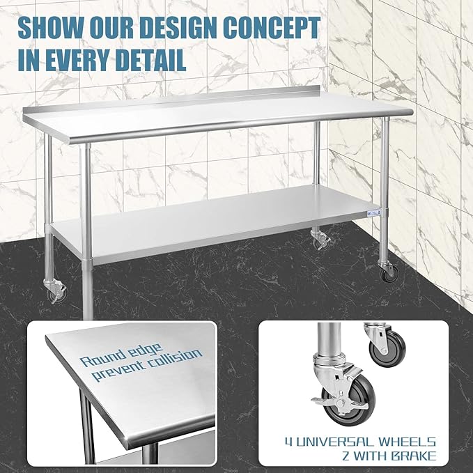 HALLY Stainless Steel Table for Prep & Work 24 x 72 Inches with Caster Wheels, NSF Commercial Heavy Duty Table with Undershelf and Backsplash for Restaurant, Home and Hotel