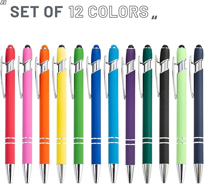 Ballpoint Pens with Stylus Tips,12 Pcs Retractable Metal Stylus Pen for Touch Screens, 1.0 mm Black Ink(Mixed Color)