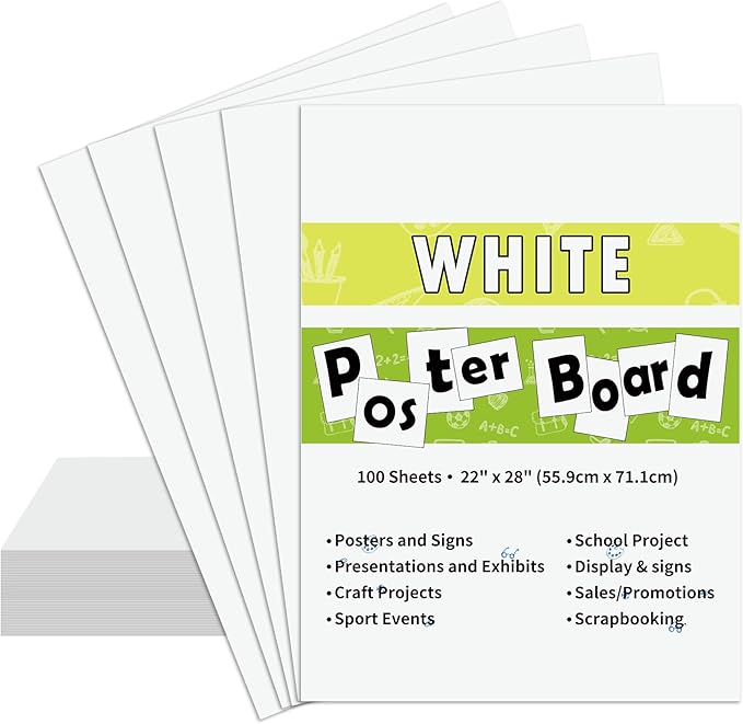 100PCS White 22"X28" Poster Board School and Craft Supplies,Super Value Poster Boards,Project Presentation Drawin