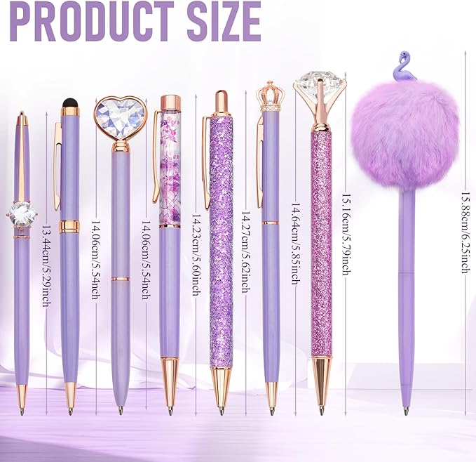 WEMATE 8Pcs Ballpoint Pens Set Metal Crystal Diamond Pen Glitter Pen for Journaling Purple Pens Bling in Black & Blue Ink Pretty Cute Pens Fancy Pens Gifts for Women Wedding School Office Desk(Purple)
