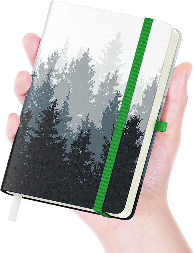 Small Notebook, Mini Pocket Journal A6 5.7" x 3.9", Leather Hardcover Journal with Pen Holder, 160 Thick Papers, Cute Lined Notebook Small Notepad for Women Writing Work Travel, Forest