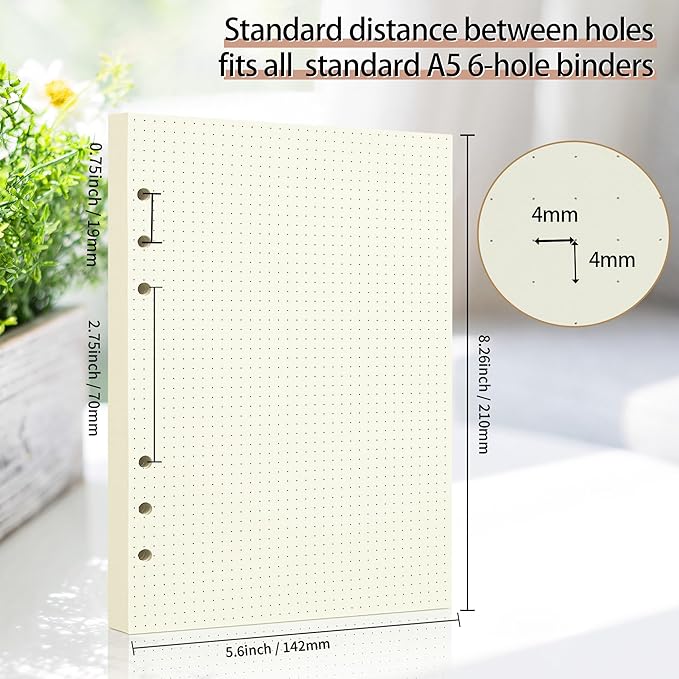 A5 Dot Grid Paper, 100GSM A5 Dotted Refill Paper for 6 Ring Refillable Binder/Planner/Diary Journals/Painting -Dotted Pages,80 Sheets/160 Pages (Beige-Dot Grid-A5)