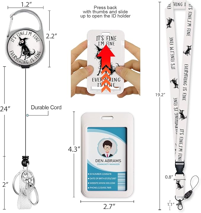 Lanyards for Id Badges, I'm Fine Everything is Fine Badge Holder with Retractable Reel Clip, Funny Dog Name Tag Lanyard Vertical ID Card Protector Case for Women Nurse Doctor Teacher Student