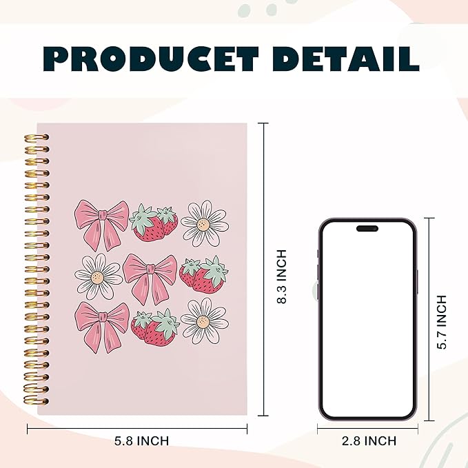 BearCake Spiral Notebook Journal For Women,Preppy Pink notebook gift,Aesthetic Notebooks,Bow composition notebook,Cute Strawberry Flower notebook,Pink Bow notebook,Spiral Notebook 5.5x8.3