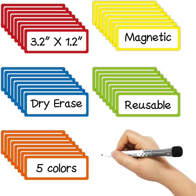 Colored Border Dry Erase Magnetic Labels 3.1x1.2 Inch, Reusable Magnetic Dry Erase Labels for Whiteboards,Pack of 40