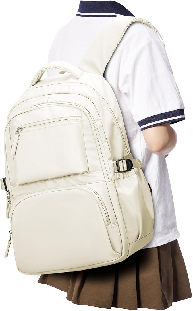 Lightweight School Backpack, College Bookbag for Boys Girls, 15.6 Inch Laptop Work Bag, Gym Backpack for Men Women, Large Capacity Waterproof Backpack for Campus School, Business, Beige