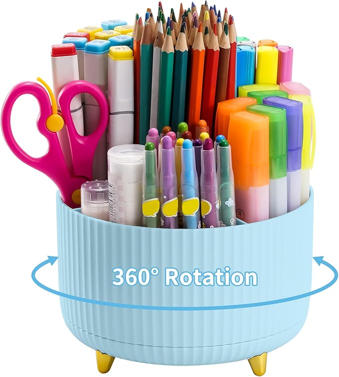Marbrasse Desk Organizer, 360-Degree Rotating Pen Holder for Desk, Desk Organizers and Accessories with 5 Compartments Pencil Organizer, Art Supply Storage Box Caddy for Office, Home (Light Blue)