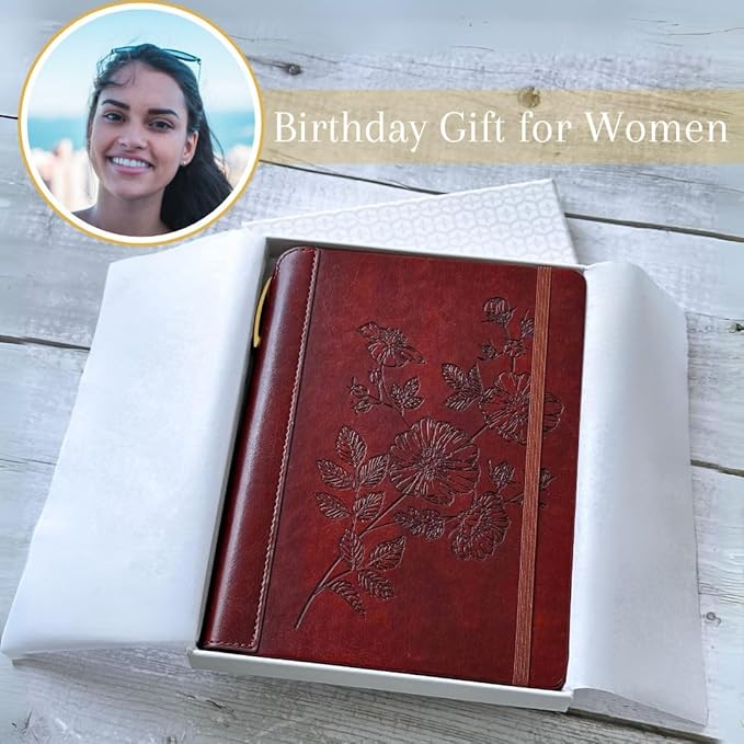 SETTINI® Lined Journal - Flower Journal for Writing Gift Set - Hardcover Vegan Leather, Includes Luxury Pen in a Unique Pen Holder, 192 Pages, 6 x 8.5 inches, Birthday Gifts for Women