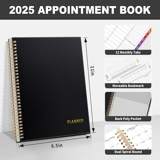 SUNEE 2025 Appointment Book, Quarter-Hourly, Weekly & Monthly - from January 2025 - December 2025, 8.5"x11" Weekly Planner, Flexible Cover, Note Pages, Pockets, Bookmark, Spiral Binding, Black