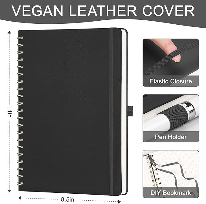 AHGXG Bullet Dotted Journal Spiral Notebook 8.5" x 11", Large A4 Leather Hardcover Dotted Notebook, 100 GSM Thick Dot Grid Paper, Inner Pocket, for Bullet Journaling, Black