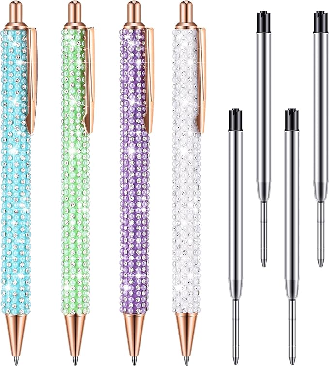 Ireer 4 Pcs Bling Rhinestone Sparkly Pens for Women Diamond Ink Crystal Glitter Metal Ballpoint Bedazzled Fancy Pens 4 Pcs 1.0mm Refills(Purple,Green,Blue,White)