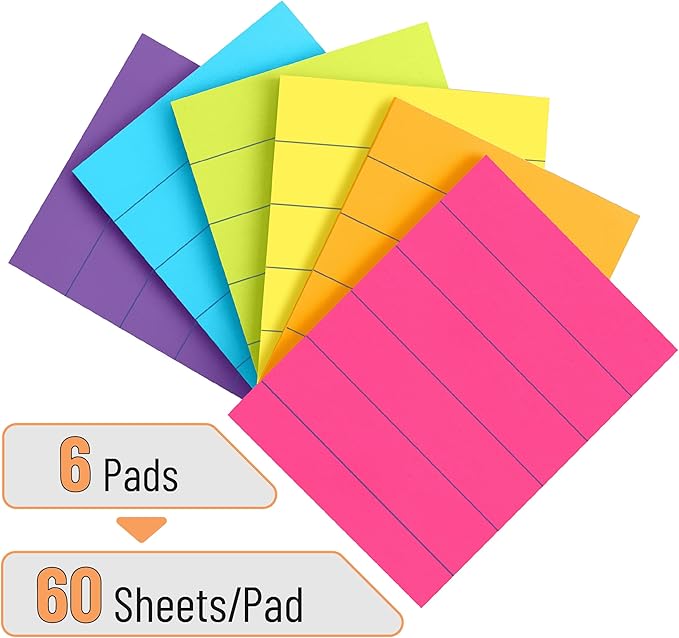 Mr. Pen- Lined Sticky Notes 1.5x2, 6 Pads, 60 Sheets/Pad, Vibrant Colors, Sticky Notes with Lines, Sticky Note Pads, Sticky Pads, Sticky Notes Lined, Colorful Sticky Notes, Mr Pen Sticky Notes