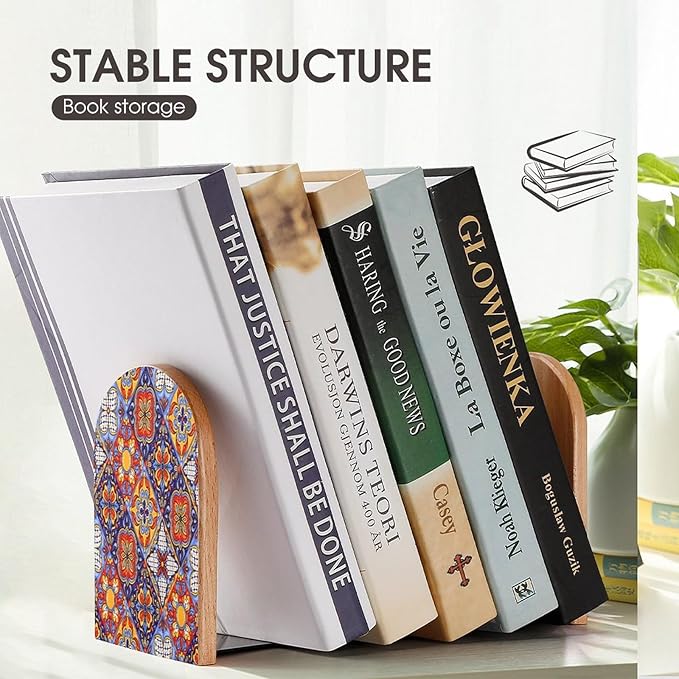 2 Pack Wood Bookends, Mexican Talavera Tile Mandala Non-Skid Book Ends for Heave Books, Decorative Bookends for Shelves Desk, Book Stoppers Book Holders for Home Office Library School