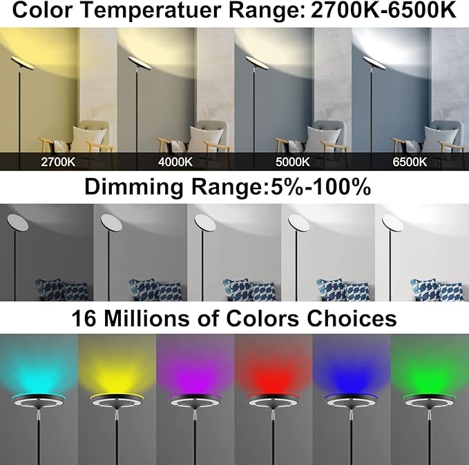 Keepsmile Double Side Lighting Led Floor Lamp with Remote Smart App 36W/2600LM Bright Tall Standing RGB Floor Lamp Angle Multicolor Dimmable Modern Floor Lamps for Livingroom Bedroom Office