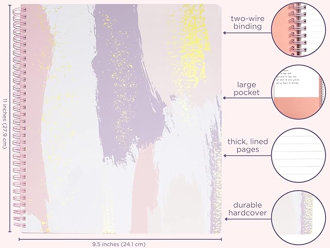 Steel Mill & Co Cute Large Spiral Notebook College Ruled, 11" x 9.5" with Durable Hardcover and 160 Lined Pages, Pastel Brush Strokes