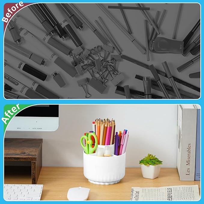 Marbrasse 360-Degree Rotating Pen Pencil Holder, Desk Organizer with 5 Compartments, Art Supply Storage Box Caddy for Office, Home (White)