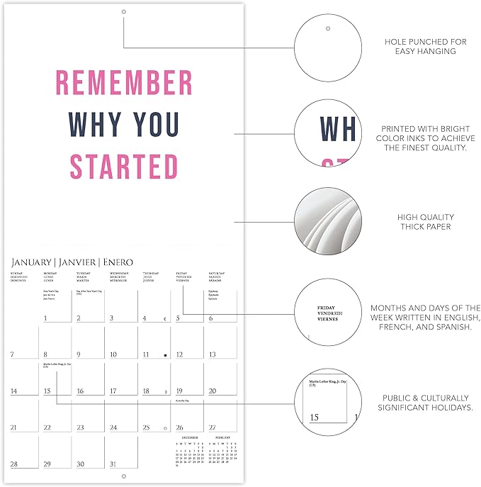 Graphique 2024 Girl Boss Wall Calendar | 12” x 12” | Thick Paper | Home & Office Organizer | Large Monthly Grid | 3 Languages & Marked Holidays | 4 Month Preview Page for 2025