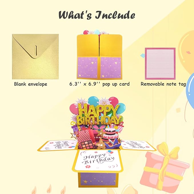 Funny Happy Birthday Pop Up Card, Sweet 3D Birthday Gift Box for Adults and Kids with Envelopes, Unique Handmade Foldable Celebration Cards for Daughter, Son, Mom, Dad, Friend