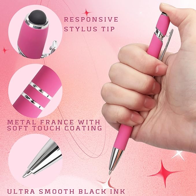Ballpoint Pens with Stylus Tips,12 Pcs Pink Retractable Metal Stylus Pen for Touch Screens, 1.0 mm Black Ink
