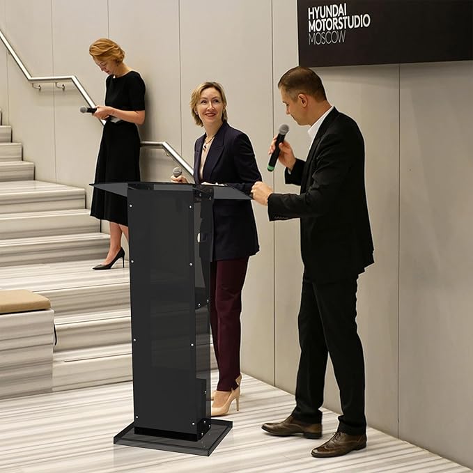 Acrylic Podium Stand with Storage Shelf,Black Lecterns & Podiums,Pulpits for Churches,Conference,Speeches,Weddings,Classroom,Concert,47" H Professional Presentation Podiums