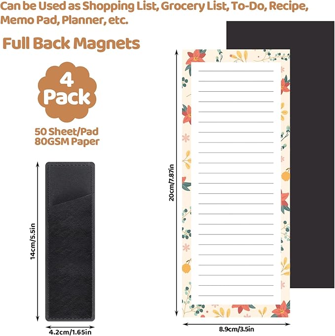 4 Pack Magnetic Note Pad for Fridge with Pen Holder, Totally 200 Sheets Magnetic To Do List, Shopping List, Grocery List, Memo Pads for Refrigerator(Flower Design)