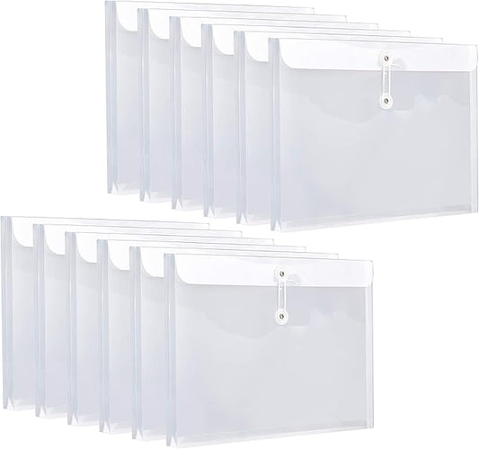 12 Pack Plastic Letter Size Envelopes with Button & String Tie Closure, 1-1/6" Expansion, Side Load, Clear Poly Reusable File Folders Project Paper Documents Organizer for Office School & Home
