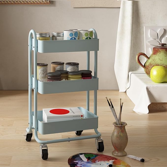 3-Tier Rolling Cart with Wheels,Kitchen Storage Carts or Metal Rolling Utility Cart with Handle,Movable Storage Organizer,Blue Carts for Nursery, Kitchen, Bathroom, Craft Room๏ผ13.4"x18.1"x31"๏ผ
