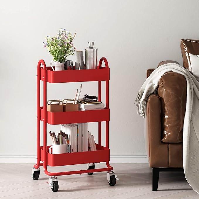 3-Tier Red Utility Rolling Cart,Kitchen Storage Carts with Wheels,Red Metal Rolling Cart for Office,Home,Kitchen,Garden๏ผ13.4"x18.1"x31"๏ผ Red