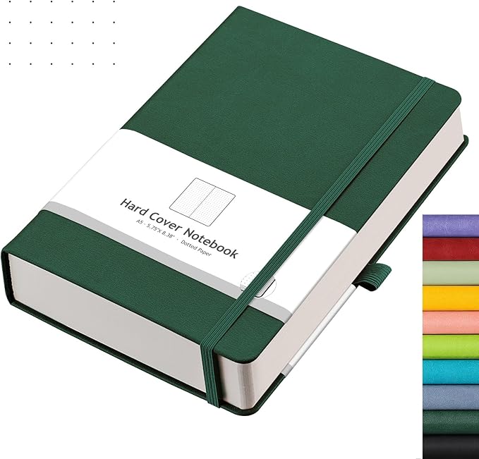 AHGXG Bullet Dotted Journal - 320 Numbered Pages Dot Grid Notebook A5 Thick Journal, 100gsm Thick Dotted Paper, Leather Hardcover,Inner Pocket, 5.75'' × 8.38'' - Green