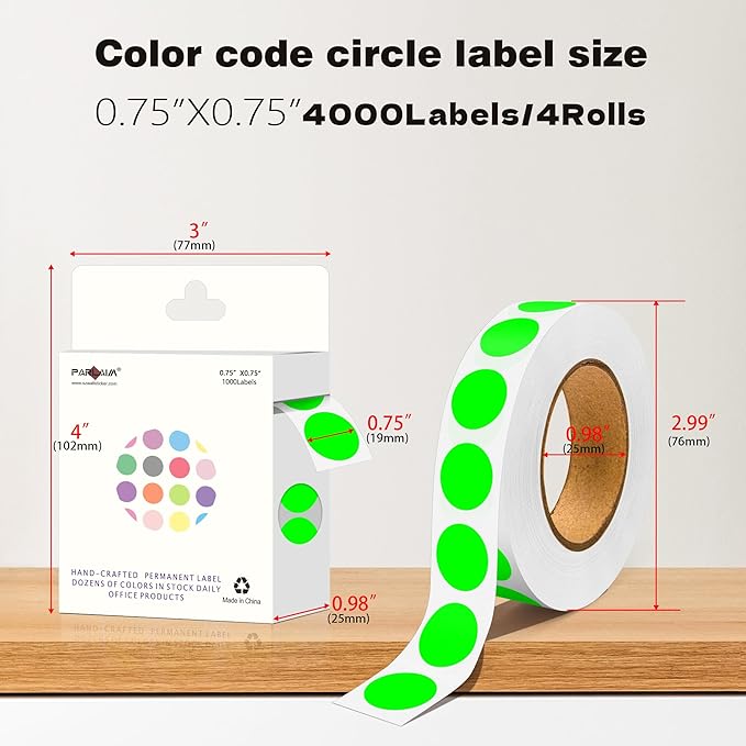 PARLAIM 0.75 inch Diameter Colored Dot Stickers 4 Rolls Pack 4000pcs Fluorescent Green Round Label Color Coding Marking Stickers Permanent Adhesive for Garage Sale
