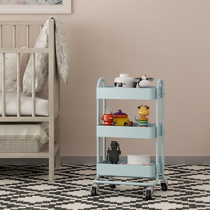 3-Tier Rolling Cart with Wheels,Kitchen Storage Carts or Metal Rolling Utility Cart with Handle,Movable Storage Organizer,Blue Carts for Nursery, Kitchen, Bathroom, Craft Room๏ผ13.4"x18.1"x31"๏ผ