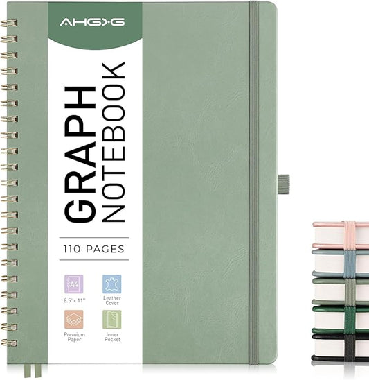 AHGXG Graph Paper Notebook - Spiral Notebook 8.5" x 11", A4 Large Hardcover Leather Journal Grid Notebook, 100 gsm Thick Graph Paper,Journals for School Writing Graphing Engineering Math, Sage Green