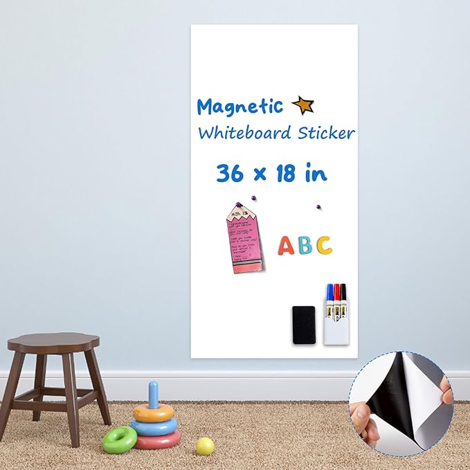 Magnetic Whiteboard Sticker - Adhesive Backing 36'' x 18'' Dry Erase Board for Wall Whiteboard Contact Paper for Kids Office Home Include Marker Magnet Eraser