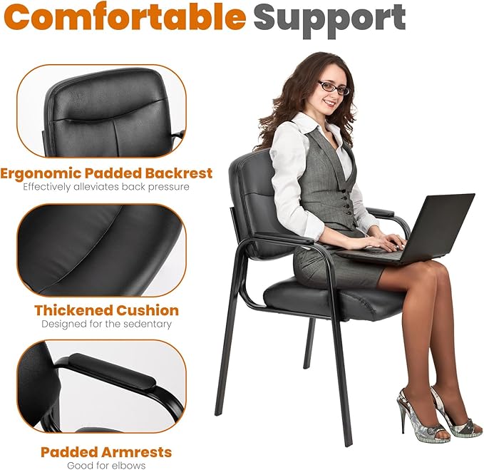 Sweetcrispy Waiting Room Chairs No Wheels Set of 4, Leather Stationary Office Reception Guest Chair with Padded Arms for Elderly Desk Conference Room Lobby Table Side Salon