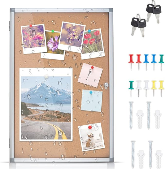 Outdoor Enclosed Cork Bulletin Board Tamper-Proof Dispaly Case, Aluminium Frame, Weatherproof Cork Noticeboard, Enclosed Cork Board for School, Office, Restaurant, Hospital etc(38 * 28inches)
