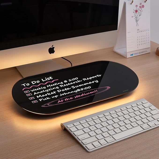 TSJ OFFICE Glass Desktop Whiteboard - 17 X 7 Inches Small Dry Erase Board with Warm Light, Black Glass White Board Surface Notepad with 1 Drawer, Desk Organizers for Office, Home, School Supplies