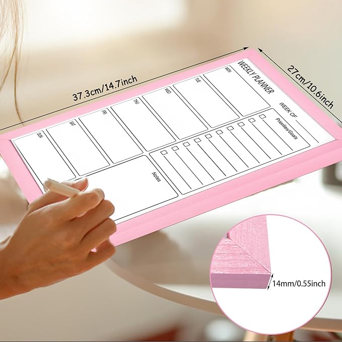 Dry Erase White Board Weekly Calendar Board, Magnetic Whiteboard for Wall,10.5“x14.5 Solid Wood Pink Framed Message Board, Planner Board for Office, Home, School(Weekly-BB-PK-2737)