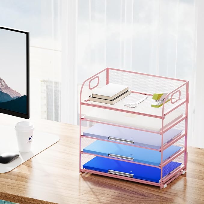 Marbrasse Paper Organizer Letter Tray, 5 Tier Mesh File Organizer with Handle, Paper Sorter Desk Organizer for Home Office Supplies - Pink