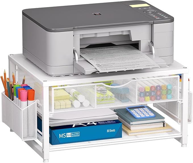 Marbrasse Metal Printer Stand for Desk with Storage Drawer and 2 Pen Holders, 2-Tier Desktop Organizer Printer Table for Home Office, Multi-Purpose Desk Organizer for Fax Machine Scanner Files(White)