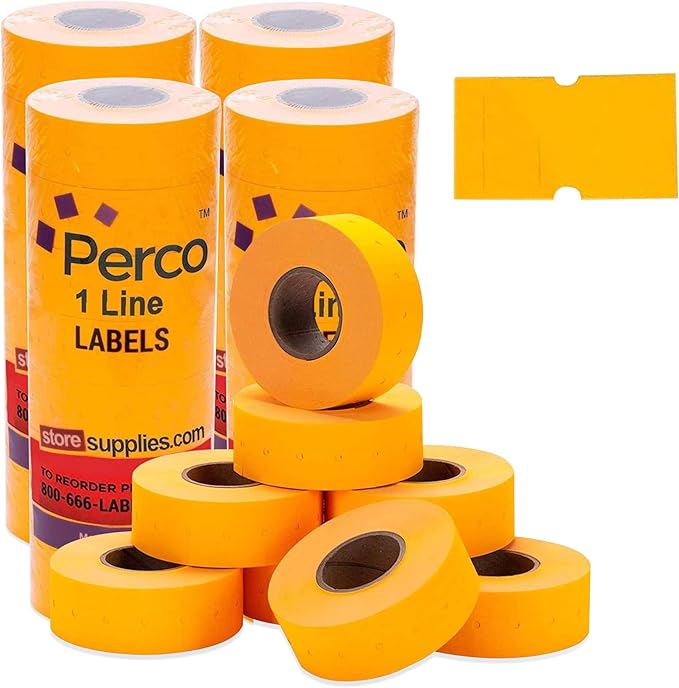 Perco 1 Line Fluorescent Orange Labels - 32 Rolls, 4 Sleeves, 32,000 Blank Price and Date Gun Labels for Perco 1 Line Price and Date Guns - Made in USA