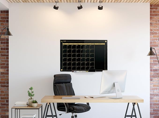 Real Glass Dry Erase Monthly Calendar, Extra Large 24" x 36", Tempered Glass Surface, Frameless Wall Mount, with 4 Assorted Color Markers and Eraser, by Better Office Products (Jet Black/Gold Print)