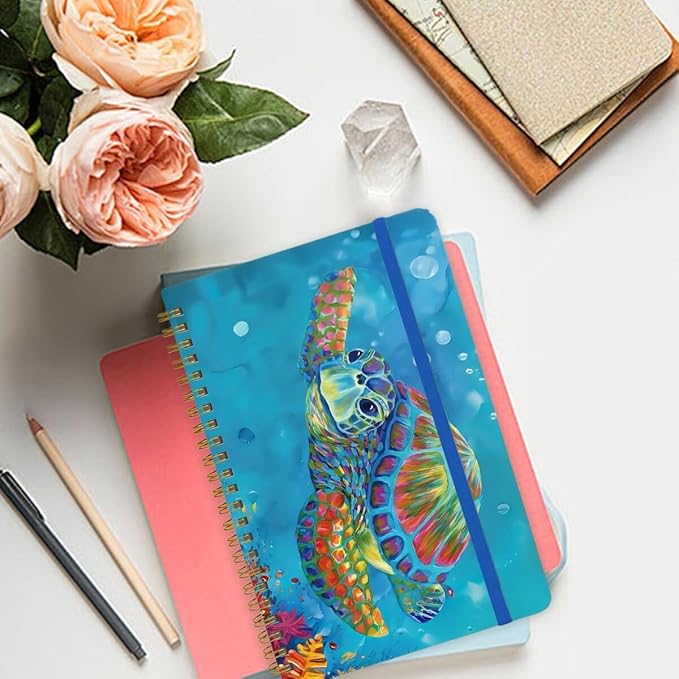Spiral Notebook - A5 Spiral Notebooks, 8.3'' × 5.8'', 160 Pages, Aesthetic Journaling Notebooks for Women, College Lined Notebook with Elastic Closure, Back Pocket, for School Office, TurtleA
