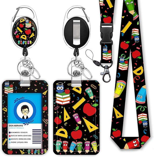 Cute Teacher Lanyards for Id Badges and Keys, Retractable ID Badge Holder with Detachable Lanyard, Fashionable Badge Reel Heavy Duty with Carabiner Clip, Nurse Teacher Office Gifts