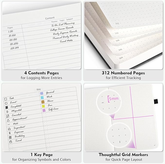 Bullet Dotted Journal, Large A4 Hardcover Leather Journal, 312 Numbered Pages Thick Journal, 100gsm No Bleed Paper Dot Grid Notebook for Women Men, 8.5'' × 11'', Brown