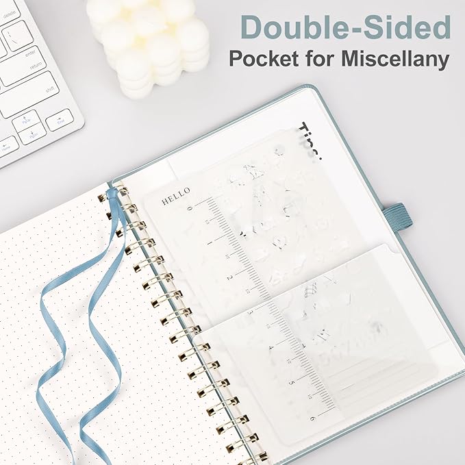 AHGXG Bullet Dotted Journal Spiral Notebook, Hardcover Leather Dotted Notebook 140 Pages, A5 Dot Grid Paper Notebook, 100 gsm Thick Paper, for Bullet Journaling, 5.7" x 8.3", GrayBlue