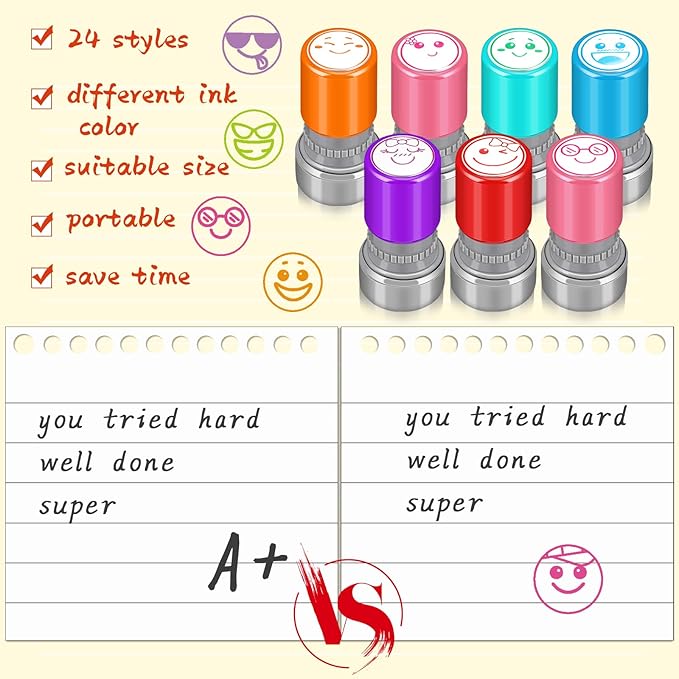 Yinder 24 Pcs Teacher Stamps for Classroom Self Inking Classroom Stamps Bulk for Teachers Elementary Colorful Motivational Encouraging Gifts(Expression)