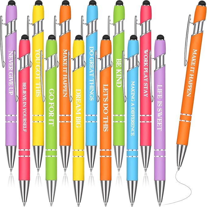 Zonon 12 Pieces Inspirational Pens Bulk Easter Basket Stuffers Motivational Quotes Ballpoint Pens with Stylus Tip Inspirational Gifts for School Office Teachers(Pastel Colors,Classic Style)
