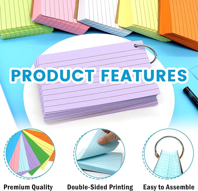 1000 PCS Index Cards 3x5 Inches Colored Flash Cards with Ring, Punched Lined Flashcards Ruled Index Cards Notecards Study Cards Heavy Note Cards for Studying, Learning, School, College, Memory