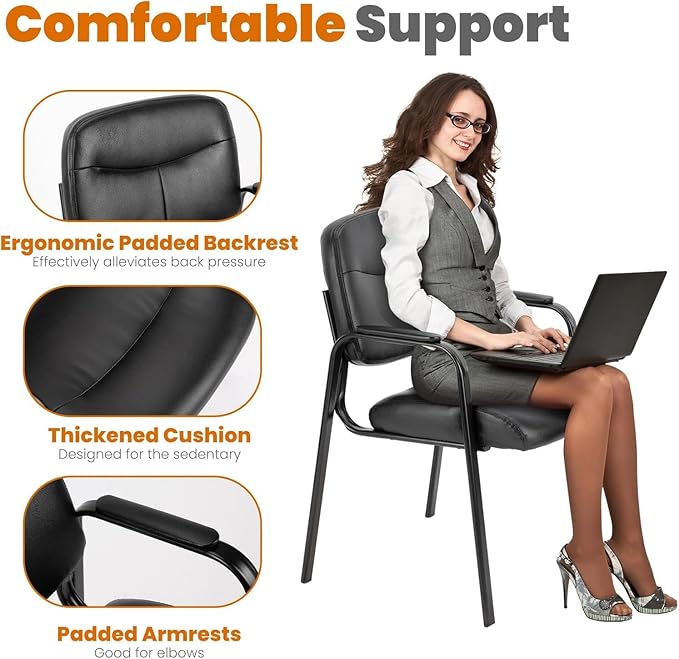 Sweetcrispy Office Reception Guest Chair No Wheels Set of 2, Leather Stationary Waiting Room Chairs with Padded Arms for Elderly Desk Conference Room Lobby Table Side Salon