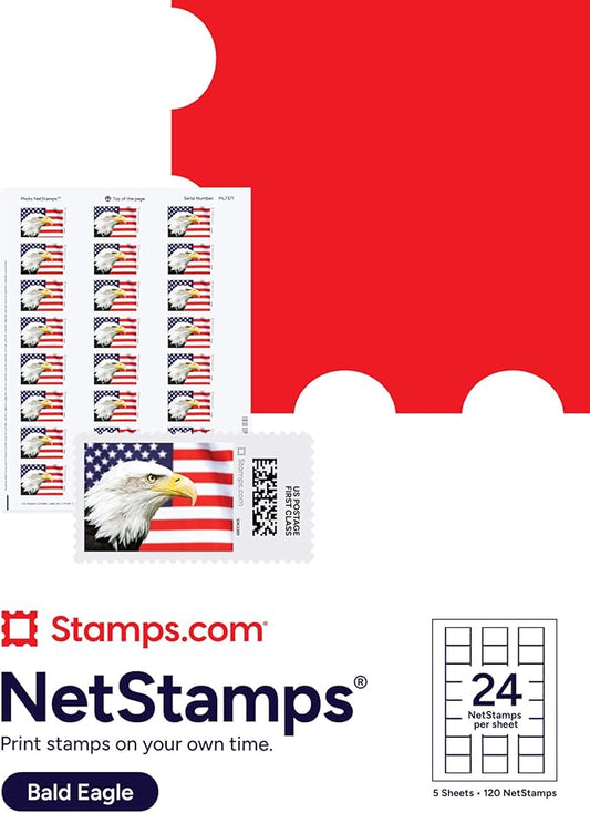 Bald Eagle NetStamps 120-Pack (5 Sheets) Printable Postage Labels (Stamps.com Subscription Required) - Print Approved Postage - Inkjet & Laser Printers - Business, Personal, Home